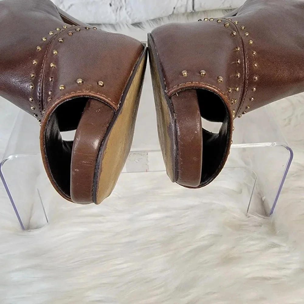 FRANCO SARTO Brown High Heel Booties Zipper Ankle Boot Leather 8M Shoe Peep‎ Toe